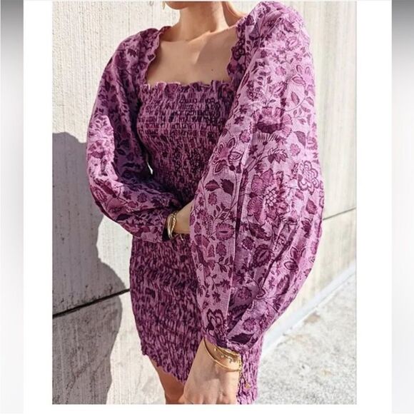 Free People Womens Smock It To Me Smocked Floral Mini Dress In Azalea Combo S - Picture 5 of 15